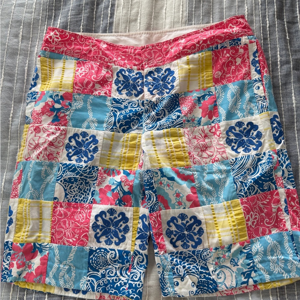 Lilly Pulitzer Patchwork-Print Cotton Bermuda Shorts in Pink, Blue & Yellow